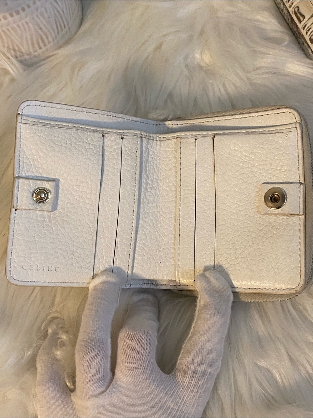 Celine Cream Embossed Leather Compact Wallet with Gold-Tone Plaque - Picture 7 of 11